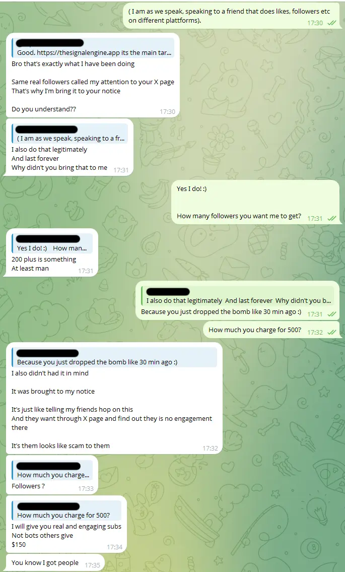 Promoter immediately offers to sell followers for $150